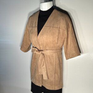 Chico's SZ00P Tan Faux Suede Wrap Front Longline Jacket Career Minimalist Staple